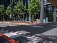 a paved bike lane in the city near tall building with trees outside its windows and red curbs