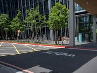 a paved bike lane in the city near tall building with trees outside its windows and red curbs