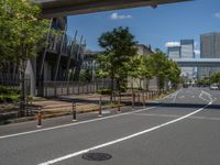 empty road with white lines on the streets of city area against cloudy blue sky on a sunny day