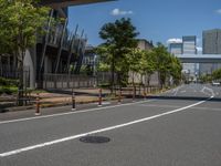 empty road with white lines on the streets of city area against cloudy blue sky on a sunny day