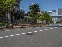 empty road with white lines on the streets of city area against cloudy blue sky on a sunny day