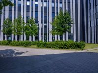 a building with trees and grass around it near the sidewalk with paved sidewalks next to it