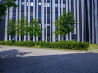 a building with trees and grass around it near the sidewalk with paved sidewalks next to it