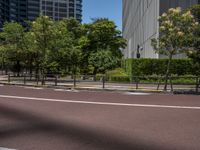 empty road with white lines on the streets of city area against cloudy blue sky on a sunny day