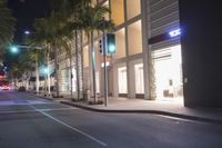 an intersection that has street lights and palm trees in it at night time near some shops