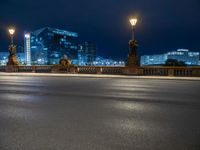 city lights shine in the night sky with buildings on the background near the bridge, on which is a statue