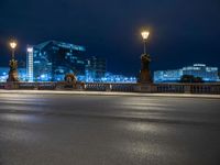 city lights shine in the night sky with buildings on the background near the bridge, on which is a statue