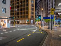 a corner in the middle of a city street at night with a traffic light in the foreground