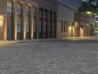 an image of city street in the evening light on cobblestone pavement with a fire hydrant