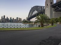 a picture from a park at the waterfront of a city with a bridge in the background