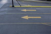 two yellow arrows pointing left into an underground parking lot in the city side street,