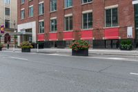 a street with tall buildings along it and flowers growing in containers next to the curb