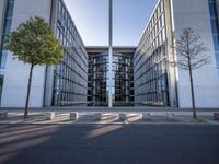 the office building is next to the trees near the sidewalk and walkways with trees