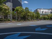 empty road with white lines on the streets of city area against cloudy blue sky on a sunny day