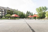 several empty benches and umbrellas on a brick street with trees in the background in the city park