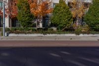 an intersection with a fire hydrant and trees in the background and a building in the foreground