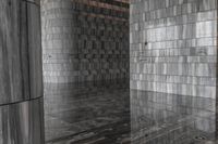 a room with gray marble walls and wooden ceilings as well as a reflection of the door