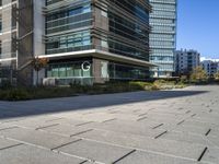 a city sidewalk in front of buildings in the sun light time with a street and grass