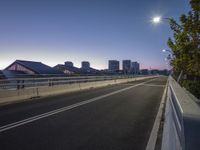 a view of city skyline from across a bridge at twilight time, with two street lights over it