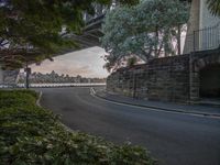 a city street by trees and bushes under an overpass at dusk with cars driving on it