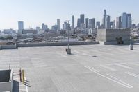 a view of a parking lot overlooking a city skyline, and a red and yellow fire hydrant