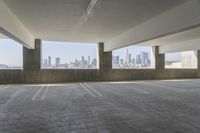 a parking space with a view to a city skyline from two buildings'atriumes