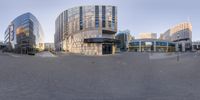 three circular images of a city square with many buildings and a building at the end