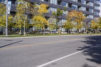 a city street in the autumn with an empty roadway leading to a building with a glass front