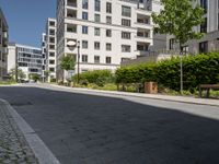 an empty city street between two high rise apartment buildings with plants lining either side and a park bench next to the road