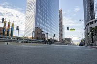 a city street has multiple lines and empty traffic lanes in the middle of it with buildings along side and street signs