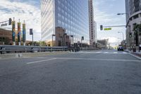 a city street has multiple lines and empty traffic lanes in the middle of it with buildings along side and street signs