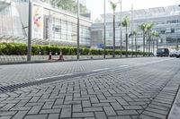 an image of the city street that has some buildings near by it and trees on either side