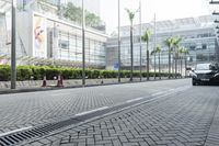 an image of the city street that has some buildings near by it and trees on either side