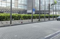 an image of the city street that has some buildings near by it and trees on either side
