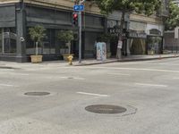 this is a city street corner with buildings and buildings on the sides and a fire hydrant