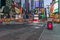 a city street with tall buildings and a bus stop sign that says times square in front