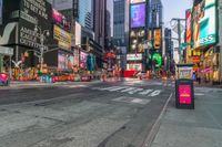 a city street with tall buildings and a bus stop sign that says times square in front