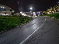 a city street at night with some buildings and green shrubs growing on the side of the road