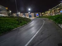 a city street at night with some buildings and green shrubs growing on the side of the road