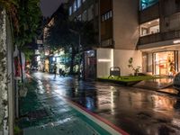 a city street with rain on it at night, lights reflecting in wet wet pavement