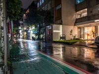 a city street with rain on it at night, lights reflecting in wet wet pavement