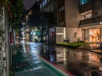 a city street with rain on it at night, lights reflecting in wet wet pavement