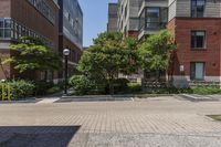 a sidewalk leading to some buildings and trees in a city street area by a park