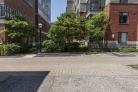 a sidewalk leading to some buildings and trees in a city street area by a park