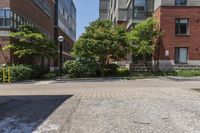 a sidewalk leading to some buildings and trees in a city street area by a park