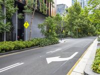 a street in a city with buildings and trees on either side and green bushes along the street