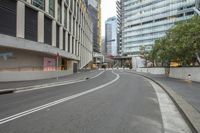 a deserted street surrounded by tall buildings in a city area or town of several stories