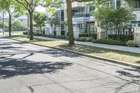 a city street with several tall trees and green lawns with parked cars on one side and two on the other