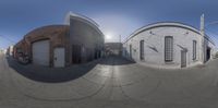 two spherical photos of different building buildings and a parking lot on the left is a car