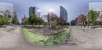 three different pictures of the same street view of a city from a high perspective, with trees, bushes, and sky